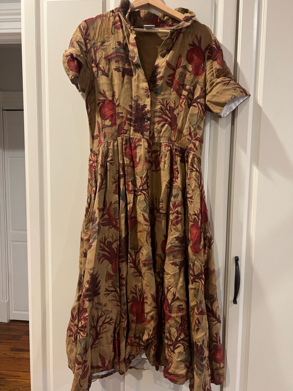 Son de Flor Tan Dress with Red Coral and Sea Motif
